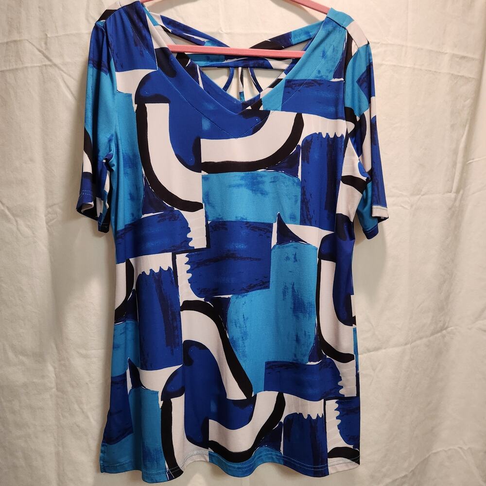 Pleats collection pings imports Womens L Abstract open back long top blue black